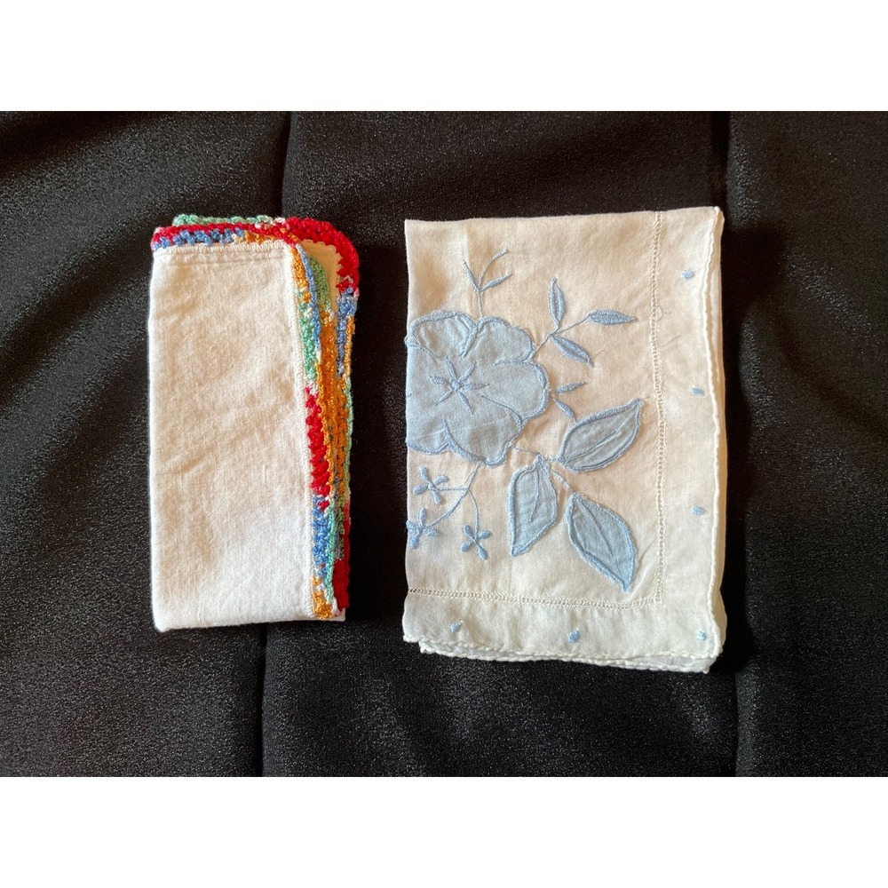 2 White cotton handkerchiefs 1 multi-color crochet, 1 Blue Floral Embroidered